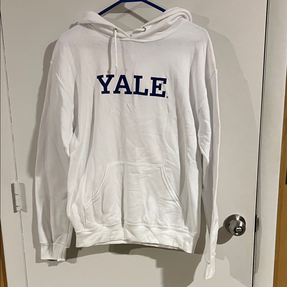 Jerzees White Hoodie with Blue Print